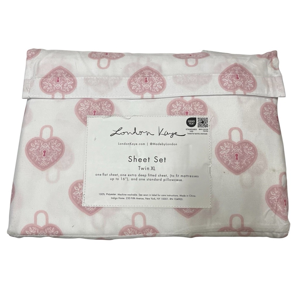 London Kaye Sheet Set Twin XL White With Hearts Locket Whimsy Novelty Dorm